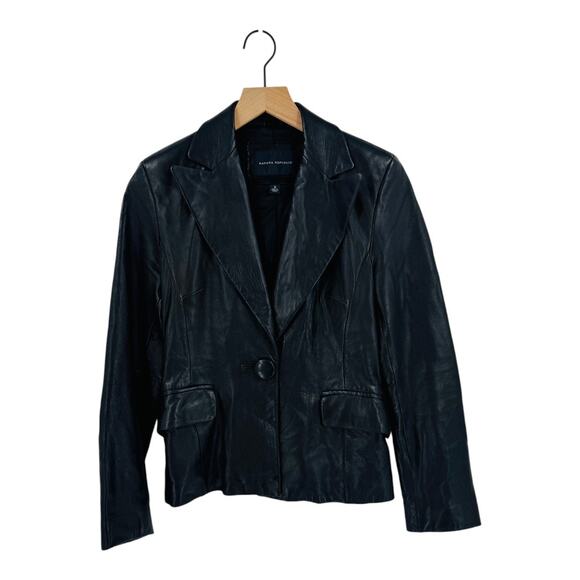 Y2K Banana Republic Black Leather Blazer Jacket Button-Down Lined Size 4 - Picture 1 of 9
